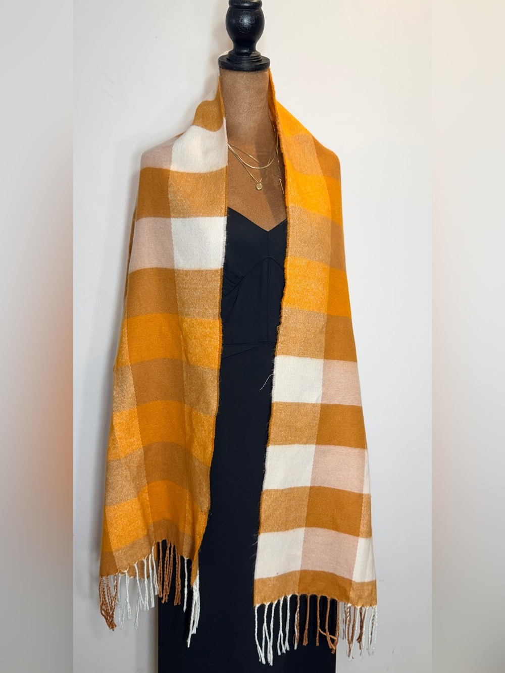 Steve Madden Orange, Mustard & Cream Plaid Fringe Wrap Scarf